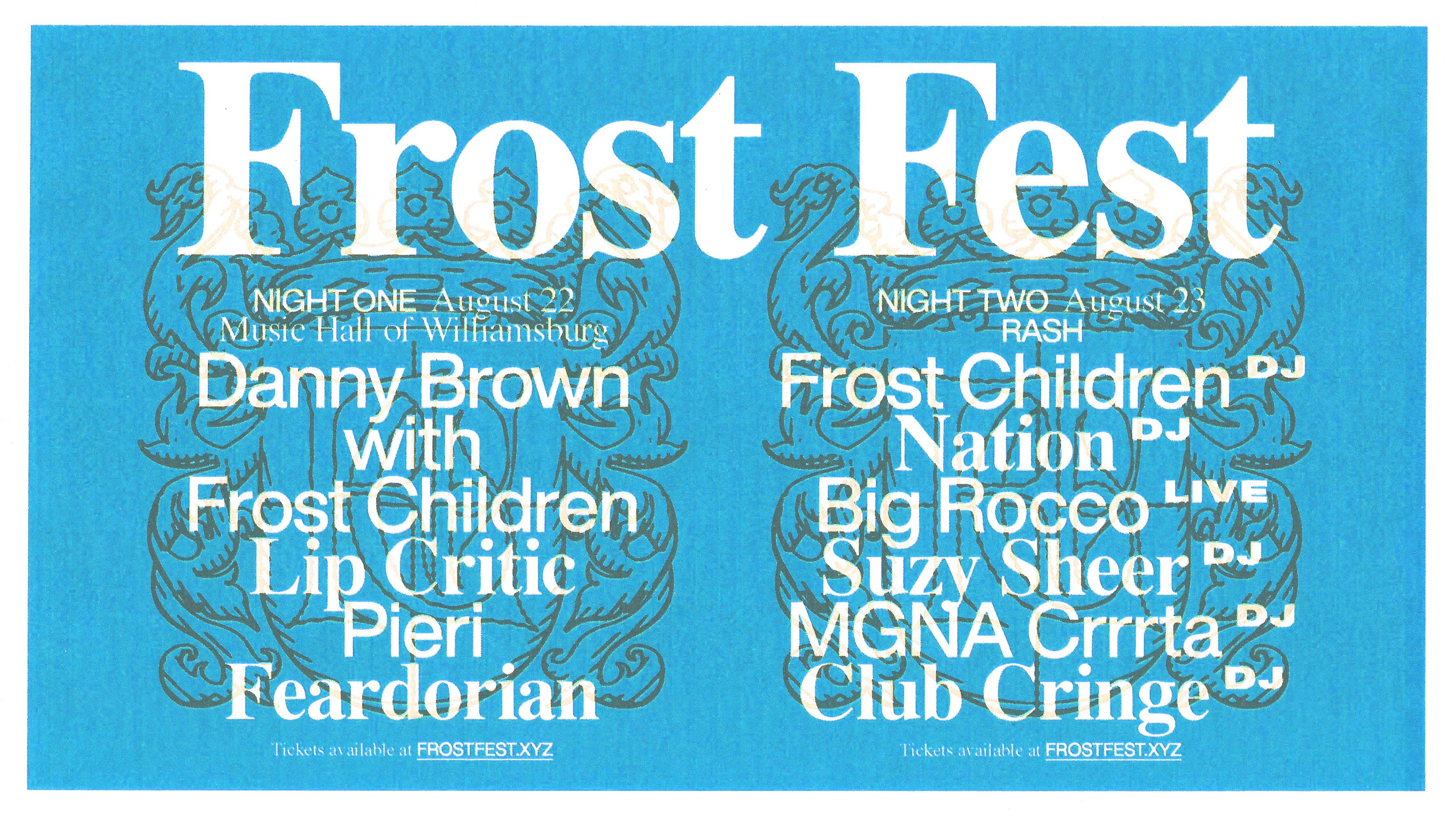 Large blue poster advertising the Frost Fest music event, with the event details and lineup of performers listed in white text