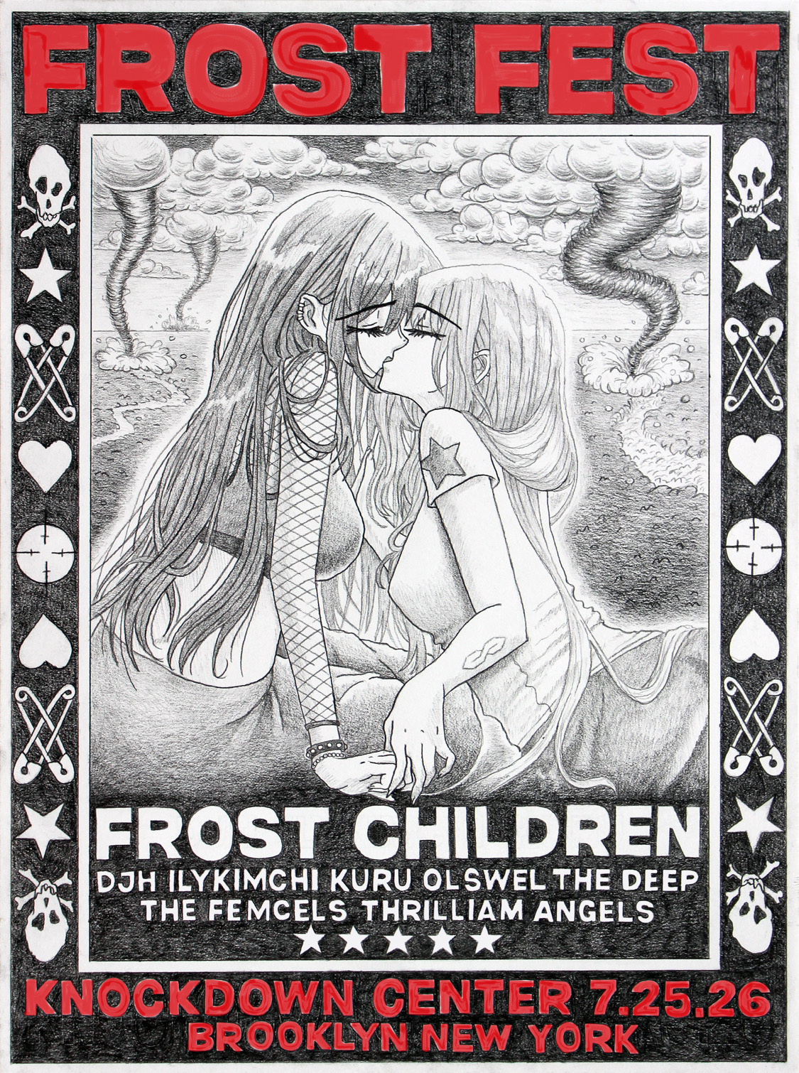 Frost Fest 2026 official poster — manga-style illustration with red skull border, featuring Frost Children and supporting acts at Knockdown Center, Brooklyn NY on July 25, 2026
