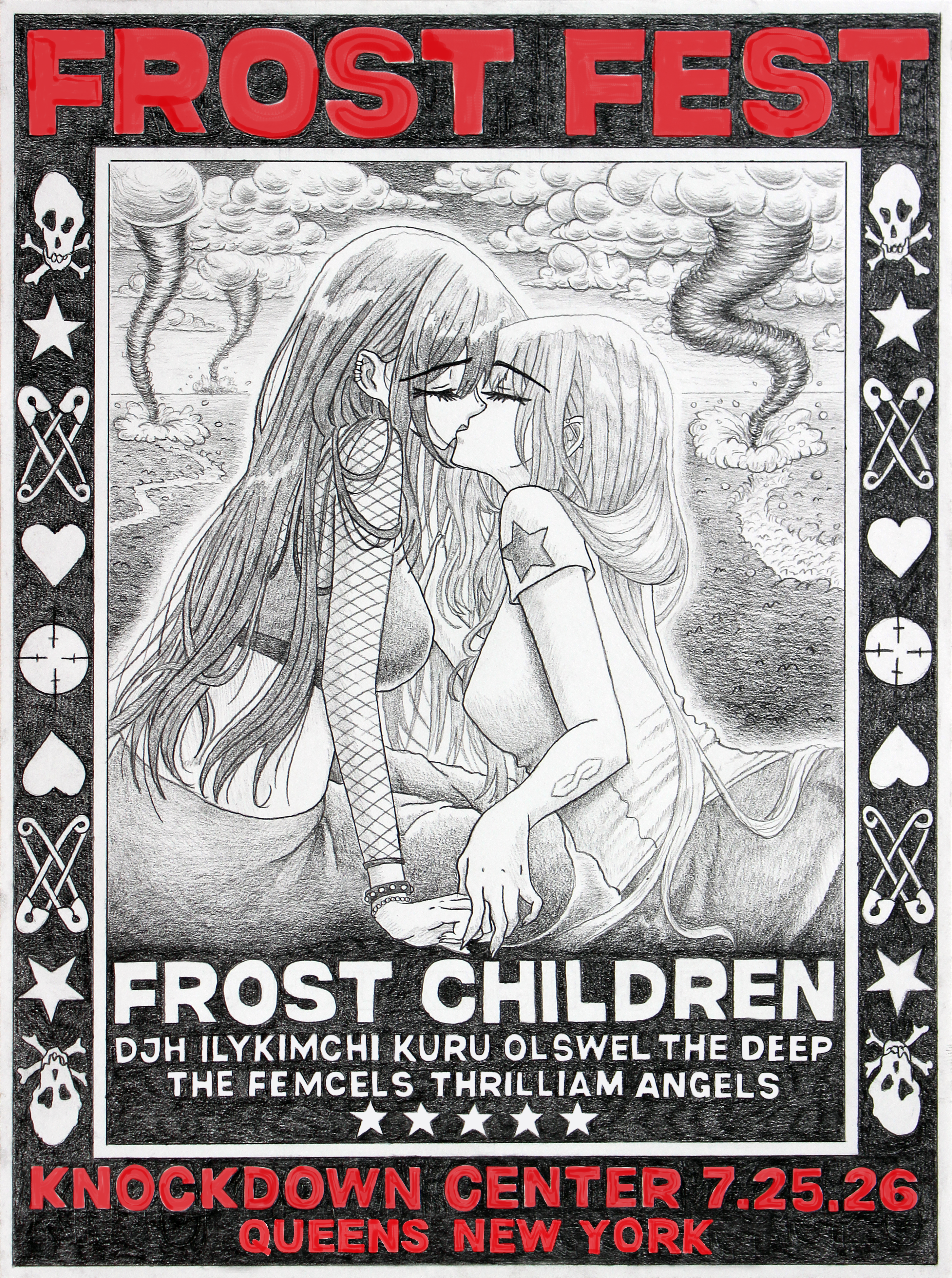 Frost Fest 2026 official poster — manga-style illustration with red skull border, featuring Frost Children and supporting acts at Knockdown Center, Queens NY on July 25, 2026